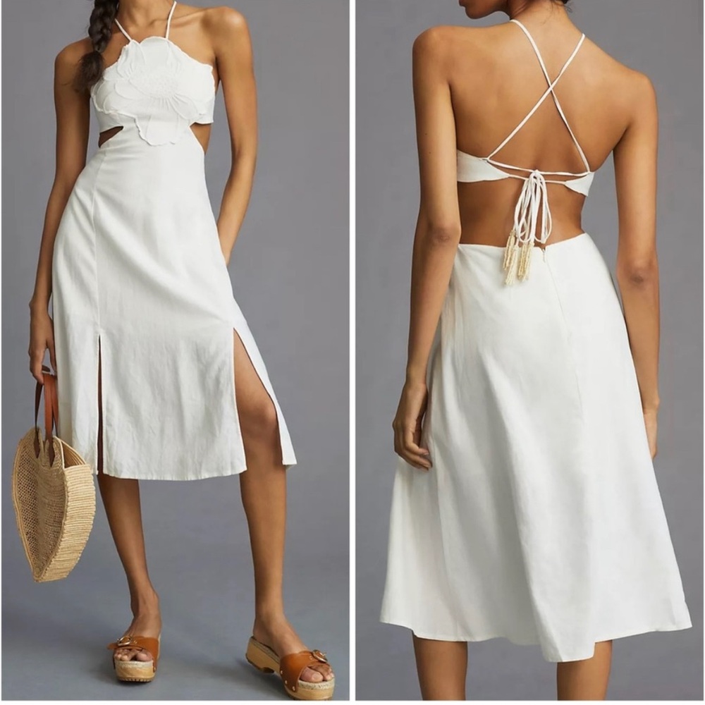 farm rio flower appliqué cutout midi dress in ivory - Picture 2 of 5